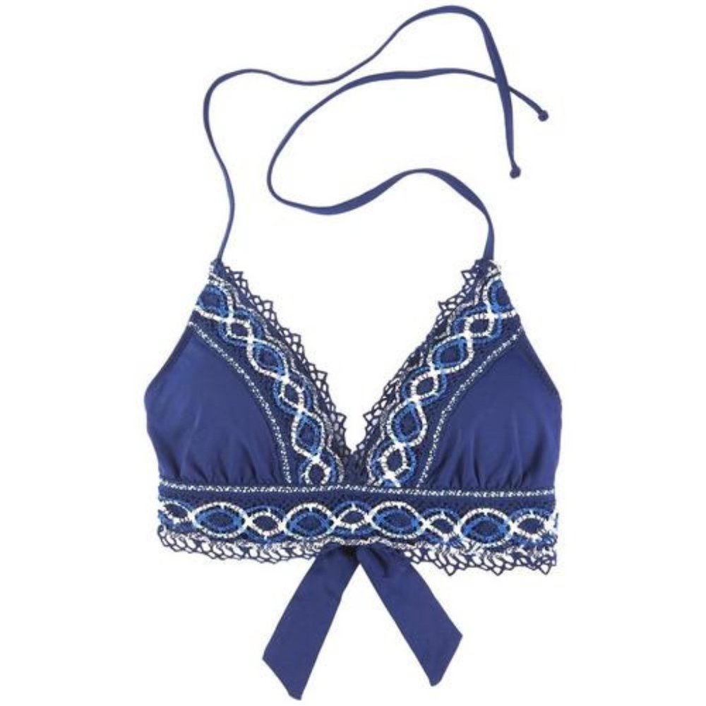 NWT | Becca Women's Tallulah Avery Crochet Trim Halter Swim Top | NAVY MEDIUM